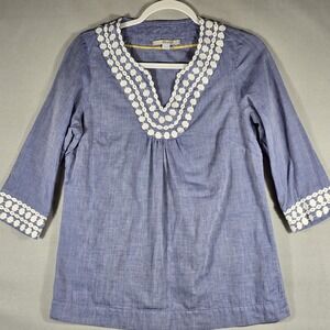 Boden Blue Tunic Top Womens 6  Embroidered Trim Cotton V Neck Beachy Boho Summer